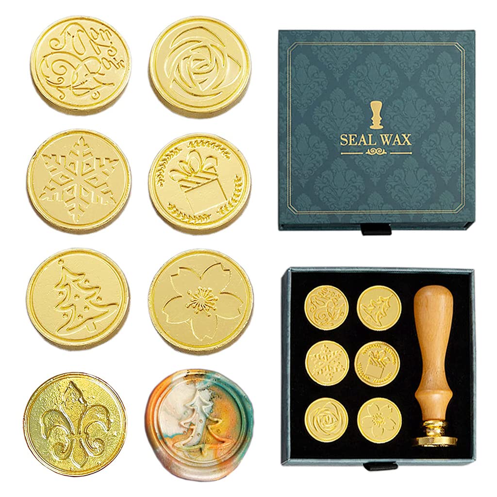 HASTHIP 7Pcs Sealing Wax Stamps Kit Gift Box Set,Copper Seals plus 1 Wooden Wax Seal Stamp Handle for Cards Envelopes and Gift Packaging HASTHIP 7Pcs Sealing Wax Stamps Kit Gift Box Set,Copper Seals plus 1 Wooden Wax Seal Stamp Handle for Cards Envelopes and Gift Packaging